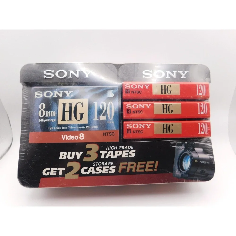 NEW Pack of 3 Sony HG 120 8mm Video Cassettes Plus Storage Case